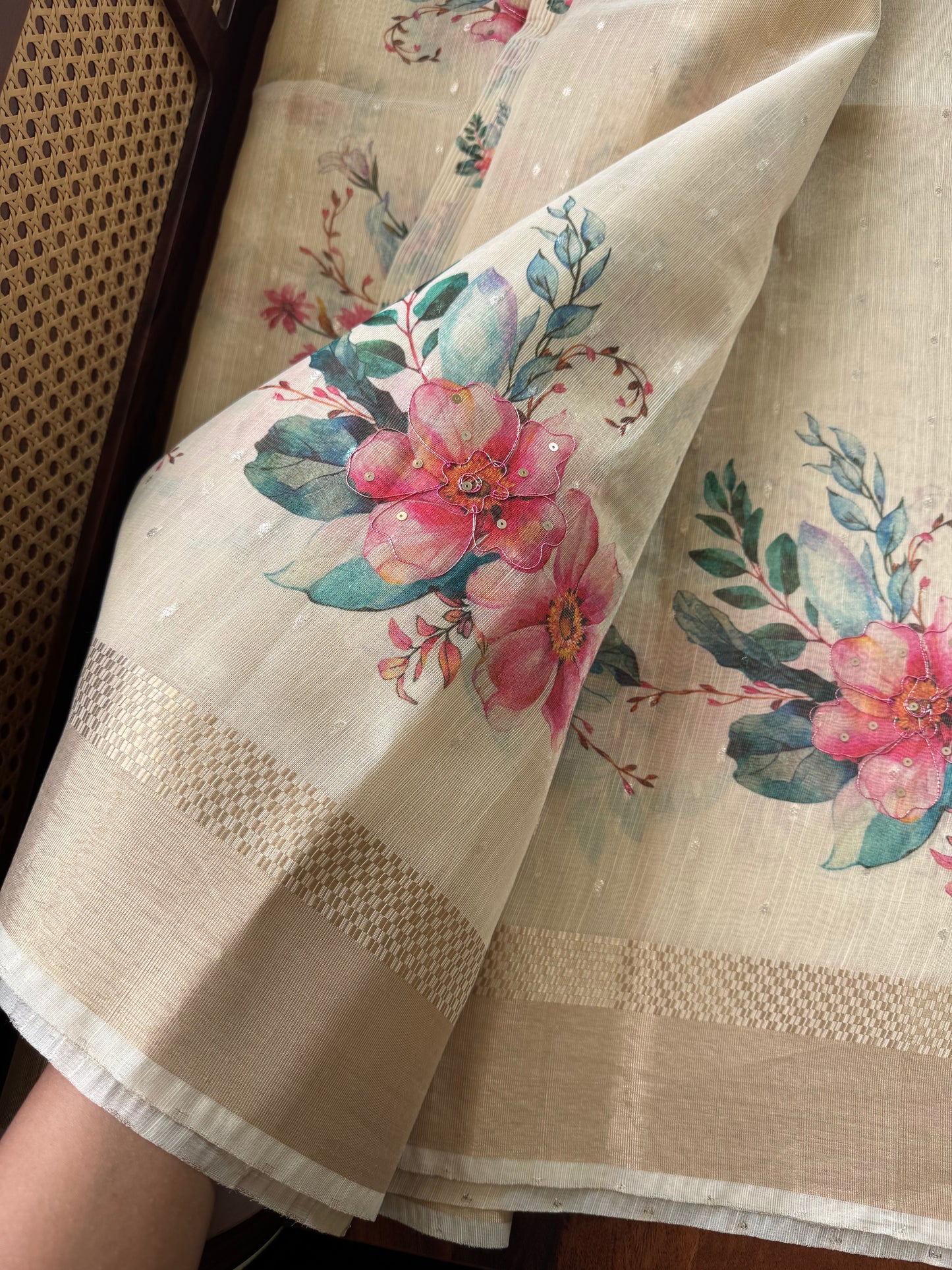 Chanderi Floral Tissue Saree - Cream