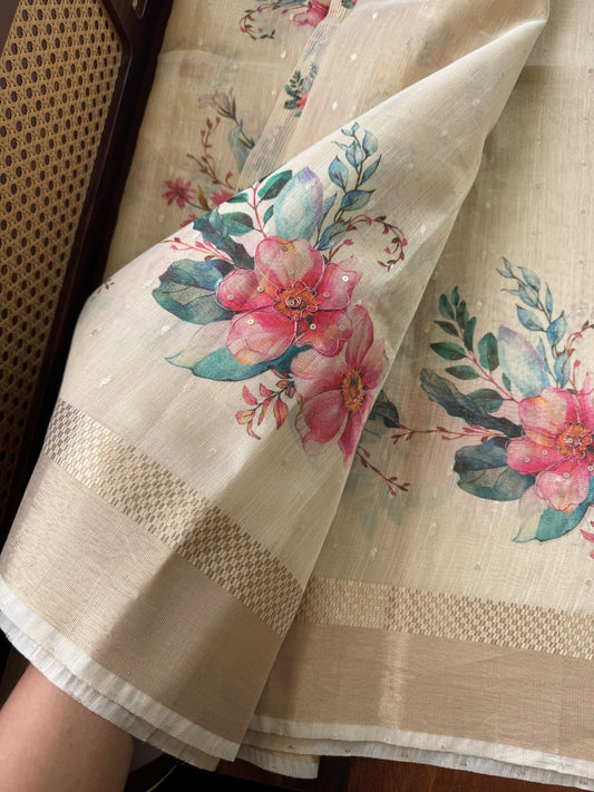 Chanderi Floral Tissue Saree - Cream
