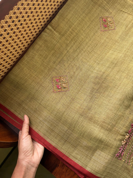 Premium Tissue Linen Sarees with heavy blouse -Green