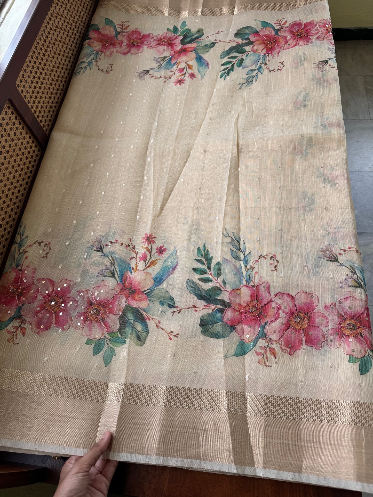Chanderi Floral Tissue Saree - Cream