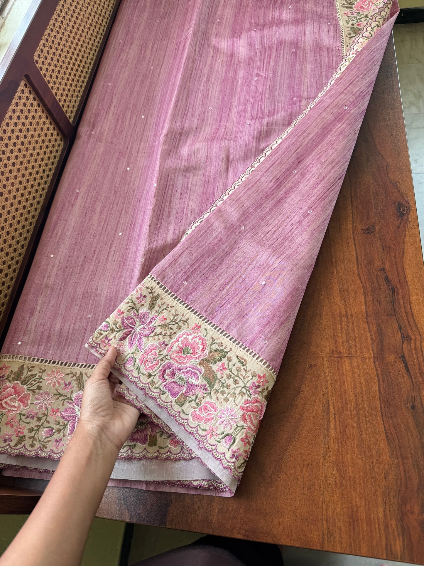 Embroidered Tussar Blend - Pink