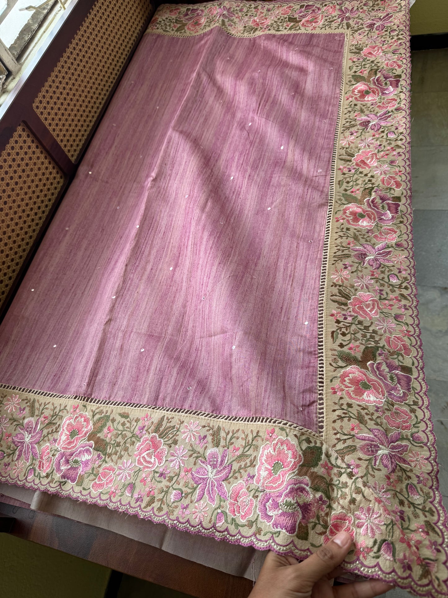 Embroidered Tussar Blend - Pink