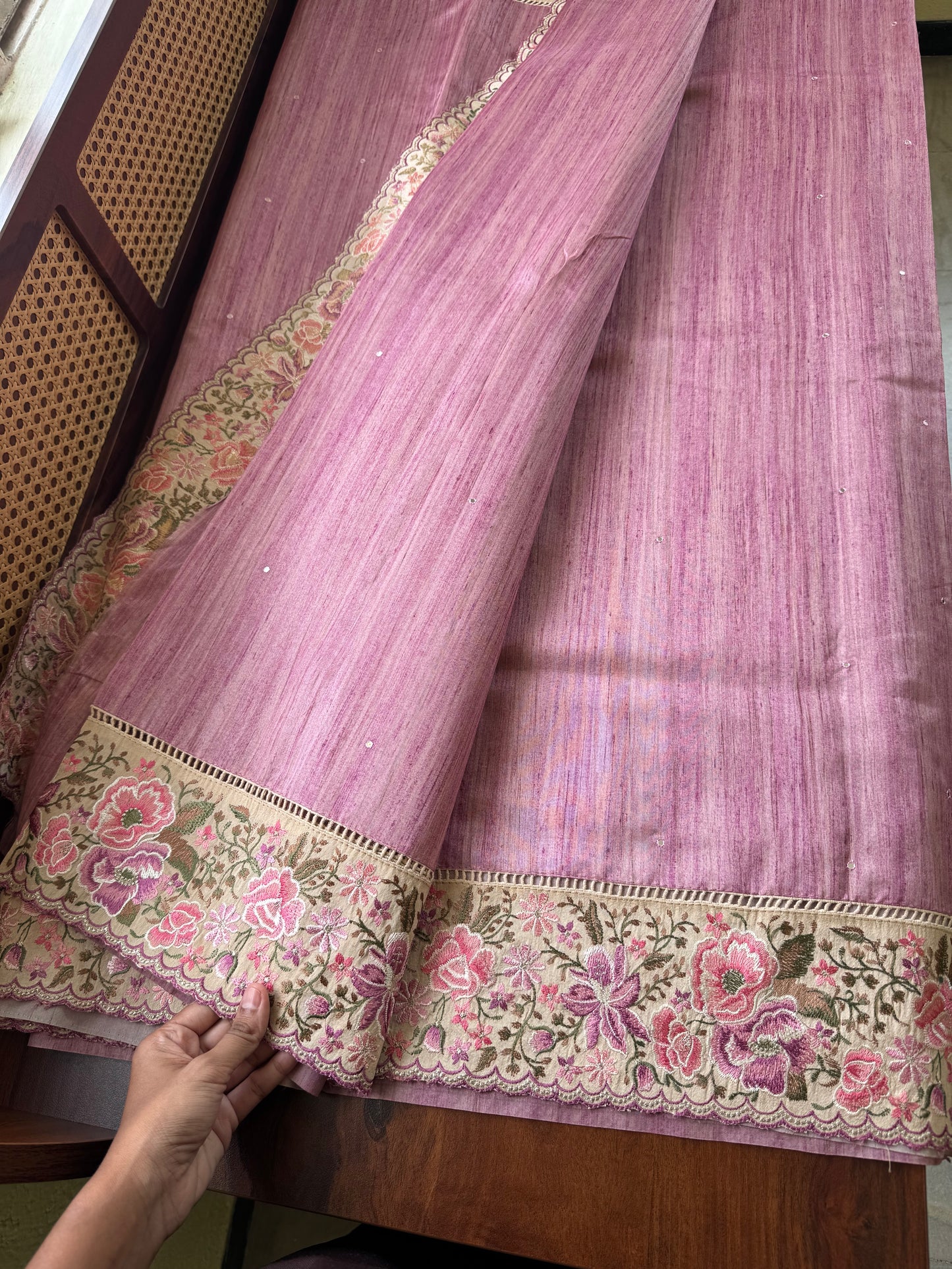 Embroidered Tussar Blend - Pink