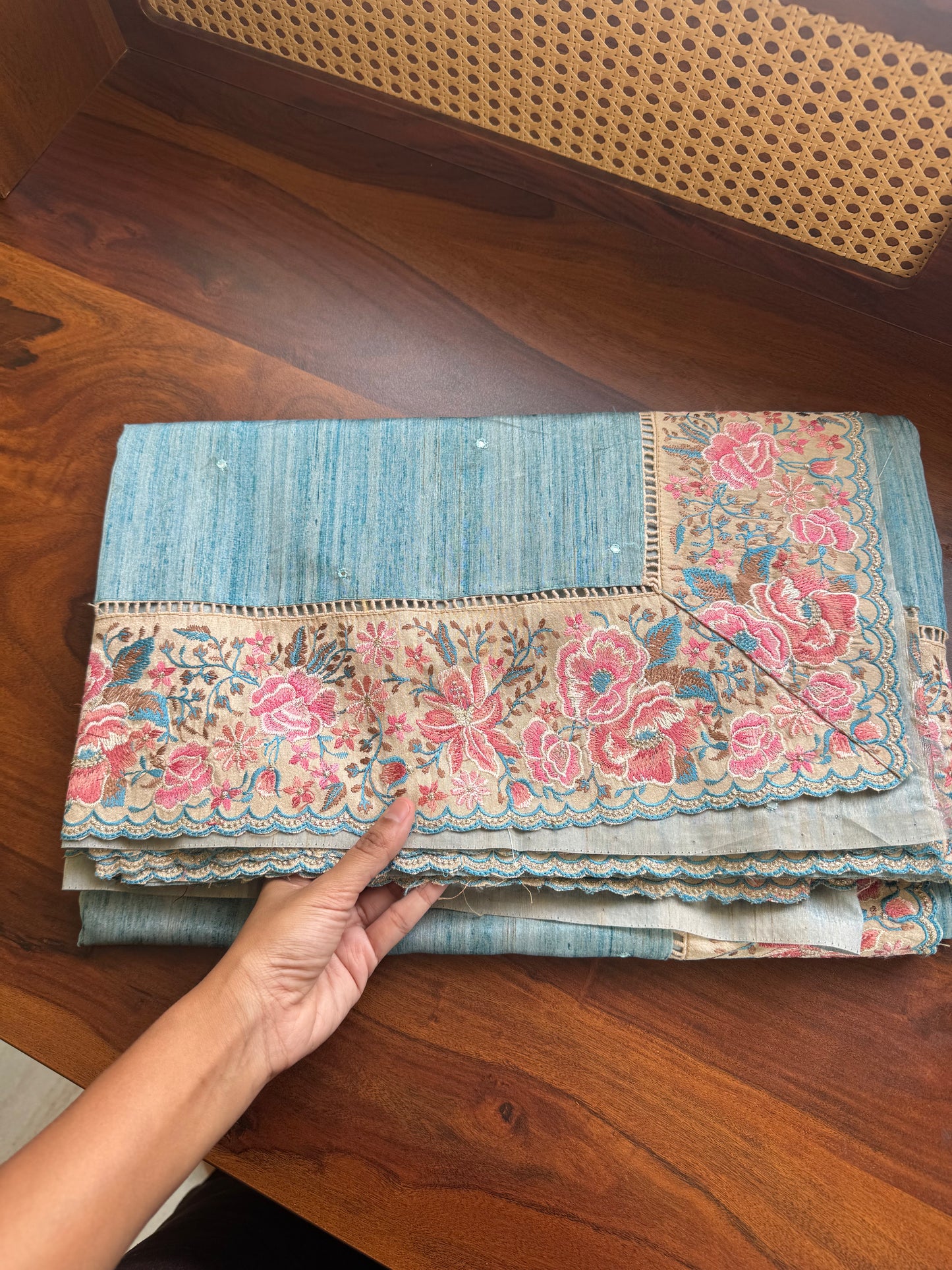 Embroidered Tussar Blend - Blue