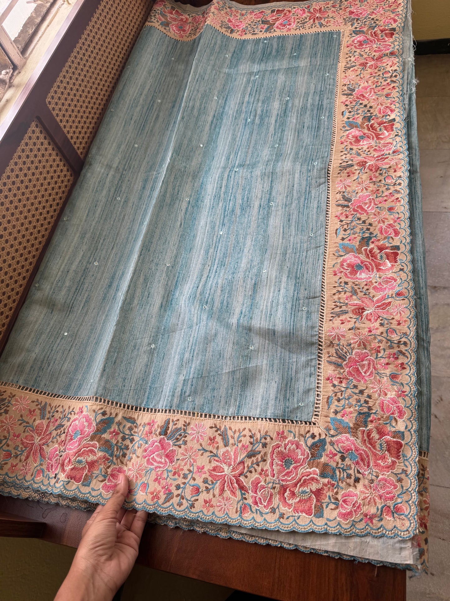 Embroidered Tussar Blend - Blue