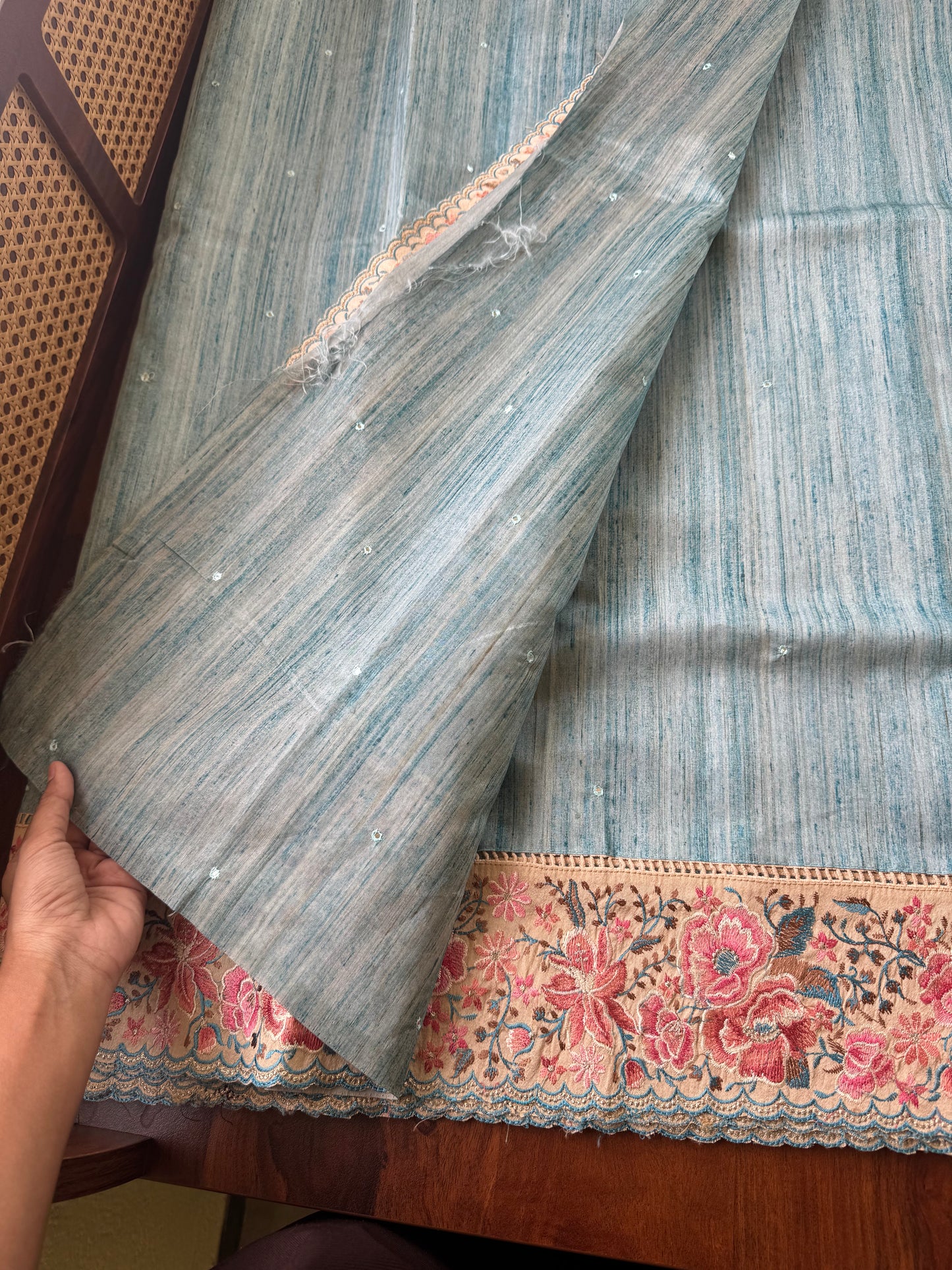 Embroidered Tussar Blend - Blue