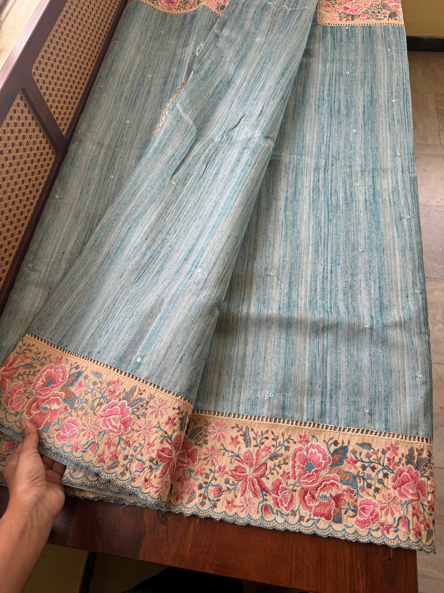 Embroidered Tussar Blend - Blue