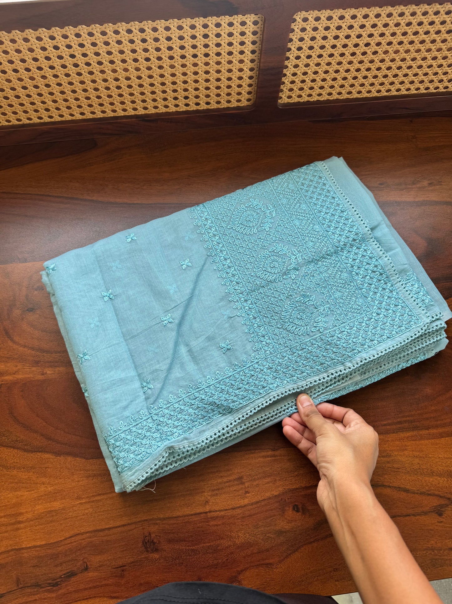 Embroidered Mul Chanderi saree- Blue