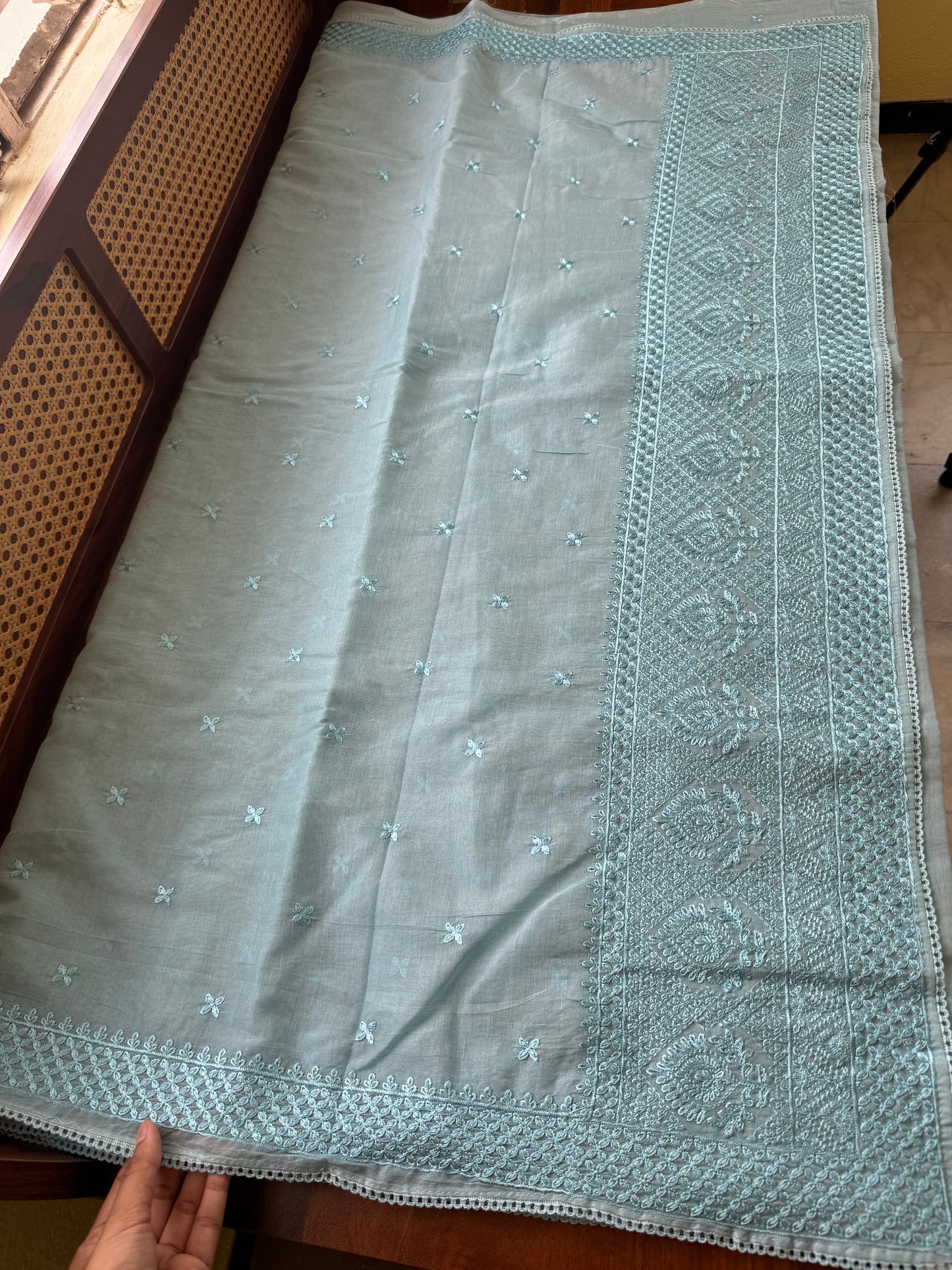 Embroidered Mul Chanderi saree- Blue