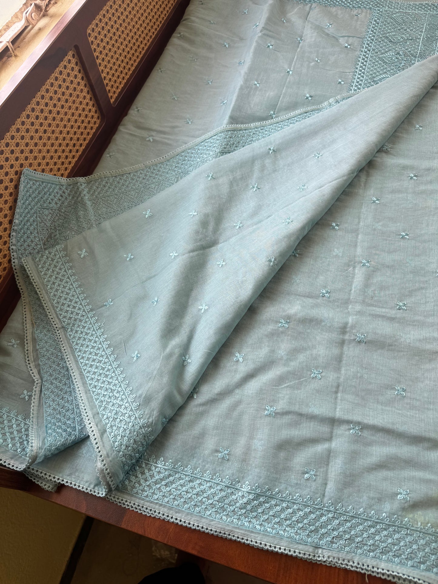 Embroidered Mul Chanderi saree- Blue