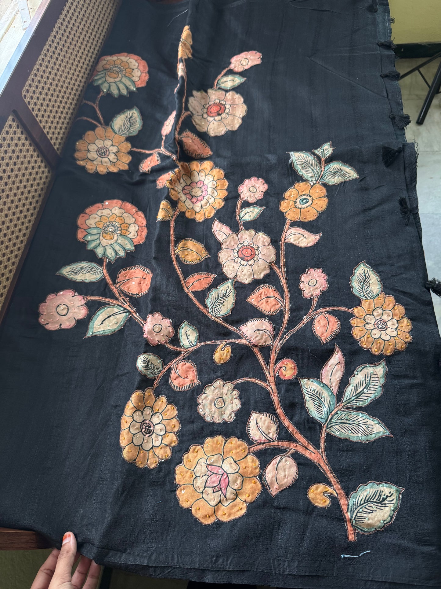 Semi Tussar Kalamkari Applique Sarees - Black