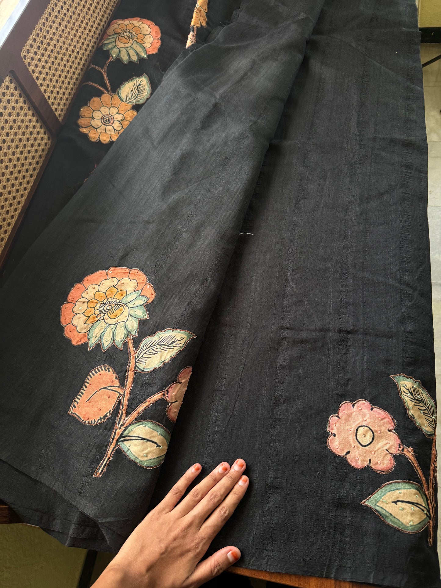 Semi Tussar Kalamkari Applique Sarees - Black