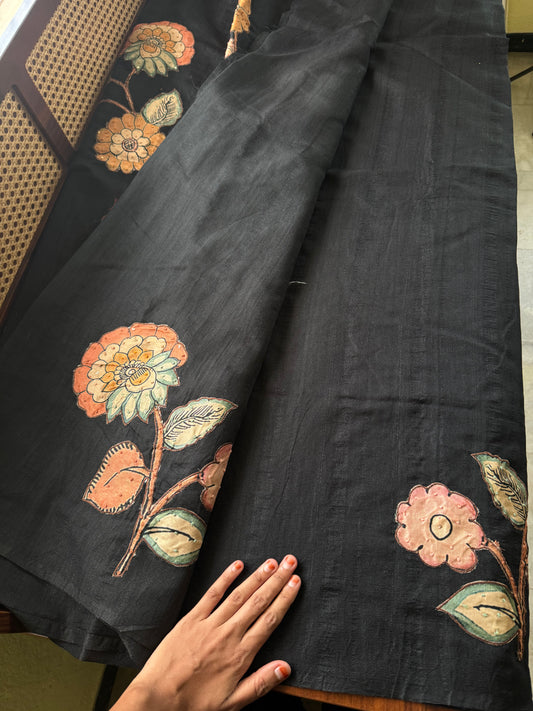 Semi Tussar Kalamkari Applique Sarees - Black