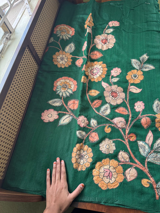 Semi Tussar Kalamkari Applique Sarees - Green