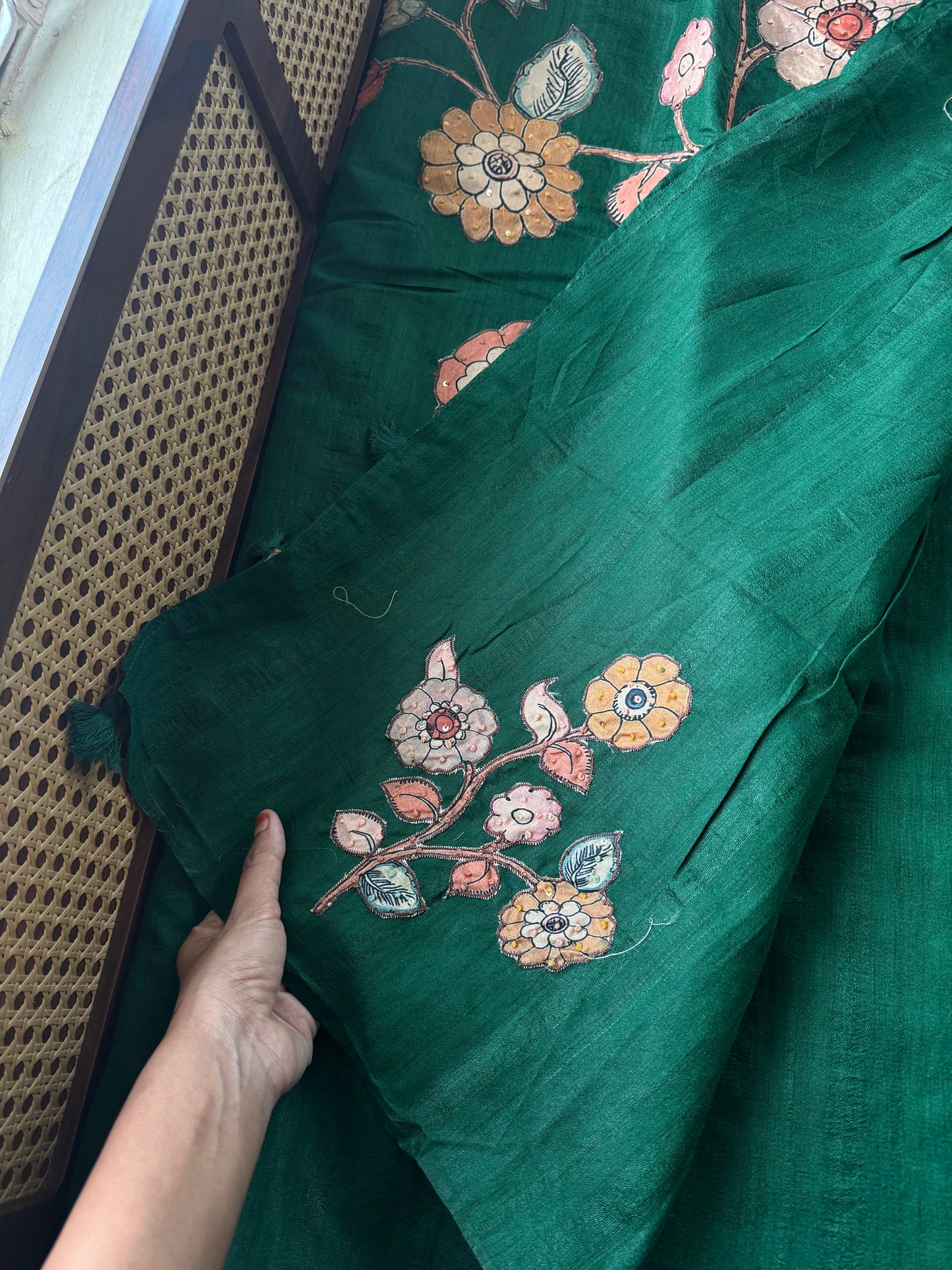 Semi Tussar Kalamkari Applique Sarees - Green