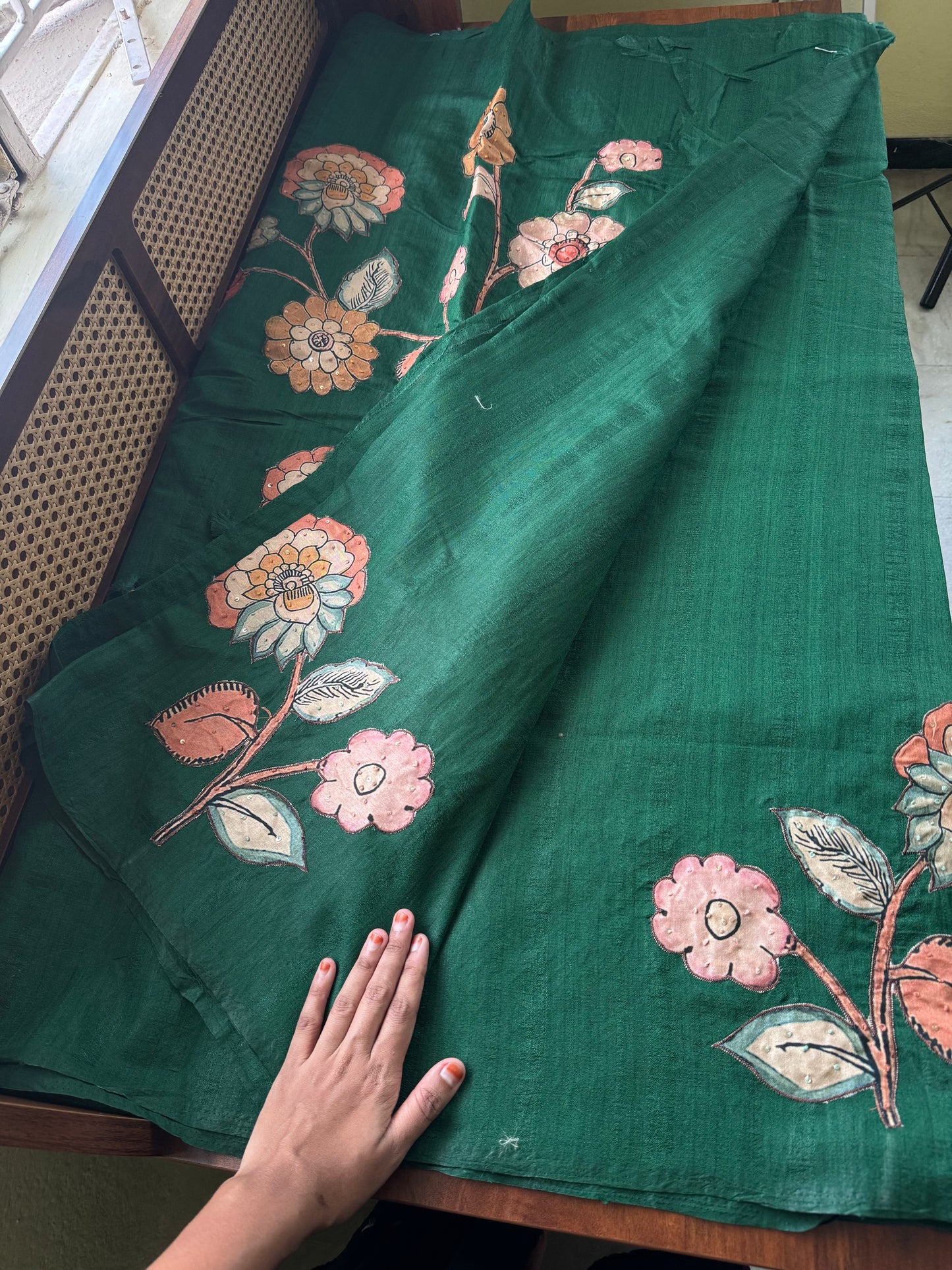 Semi Tussar Kalamkari Applique Sarees - Green