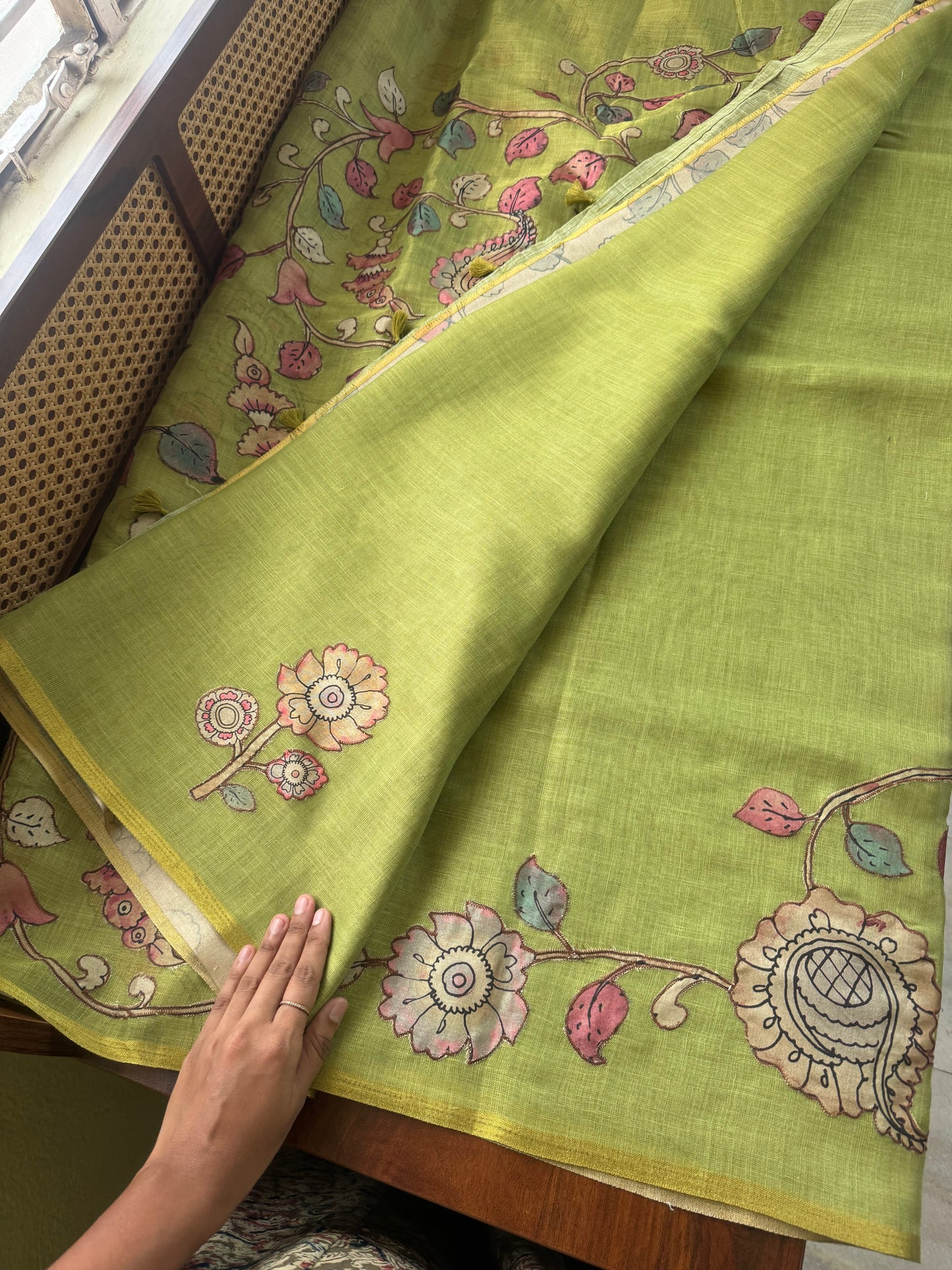 Tissue Cotton Applique Sarees - Green