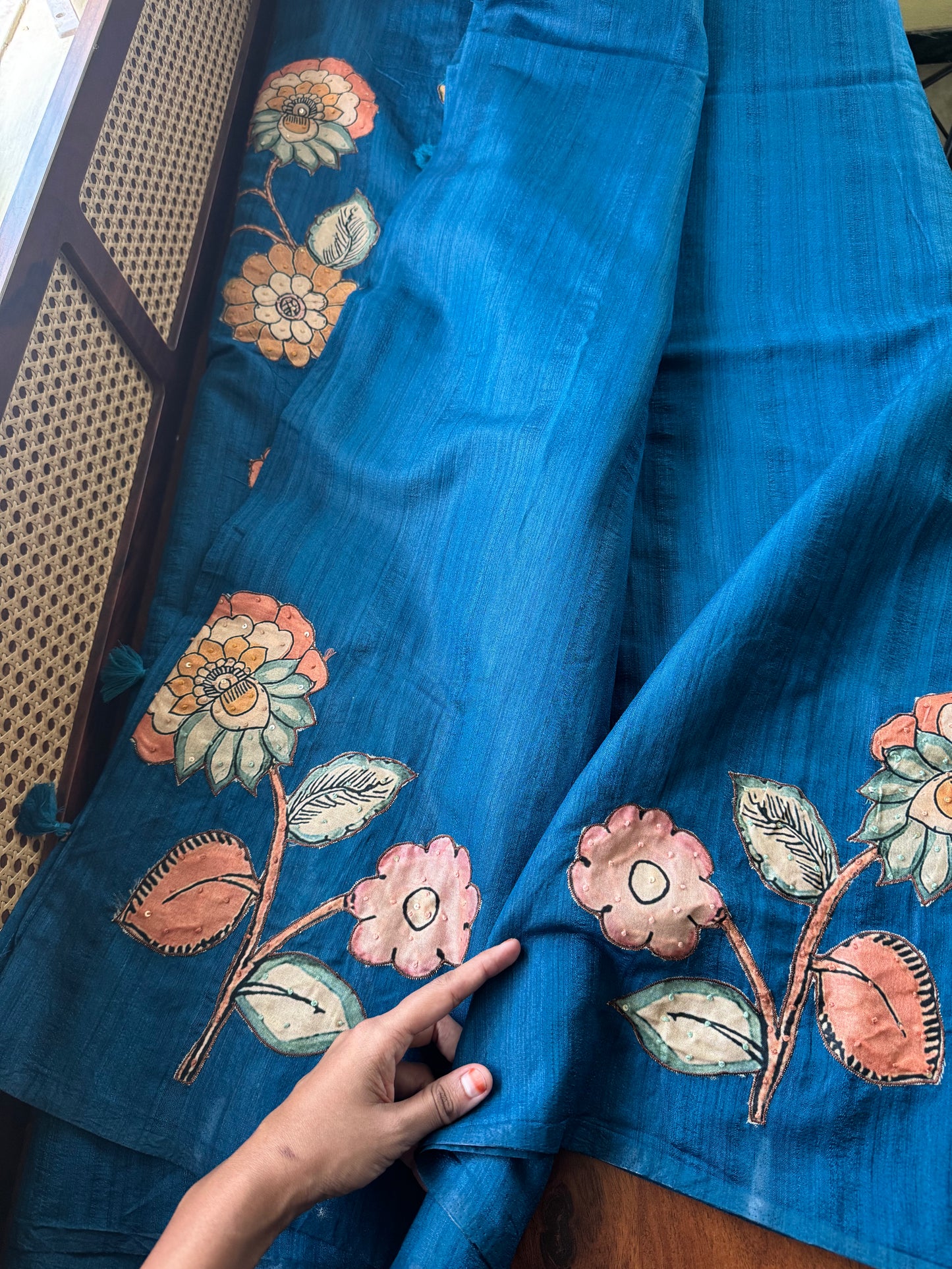 Semi Tussar Kalamkari Applique Sarees - Blue