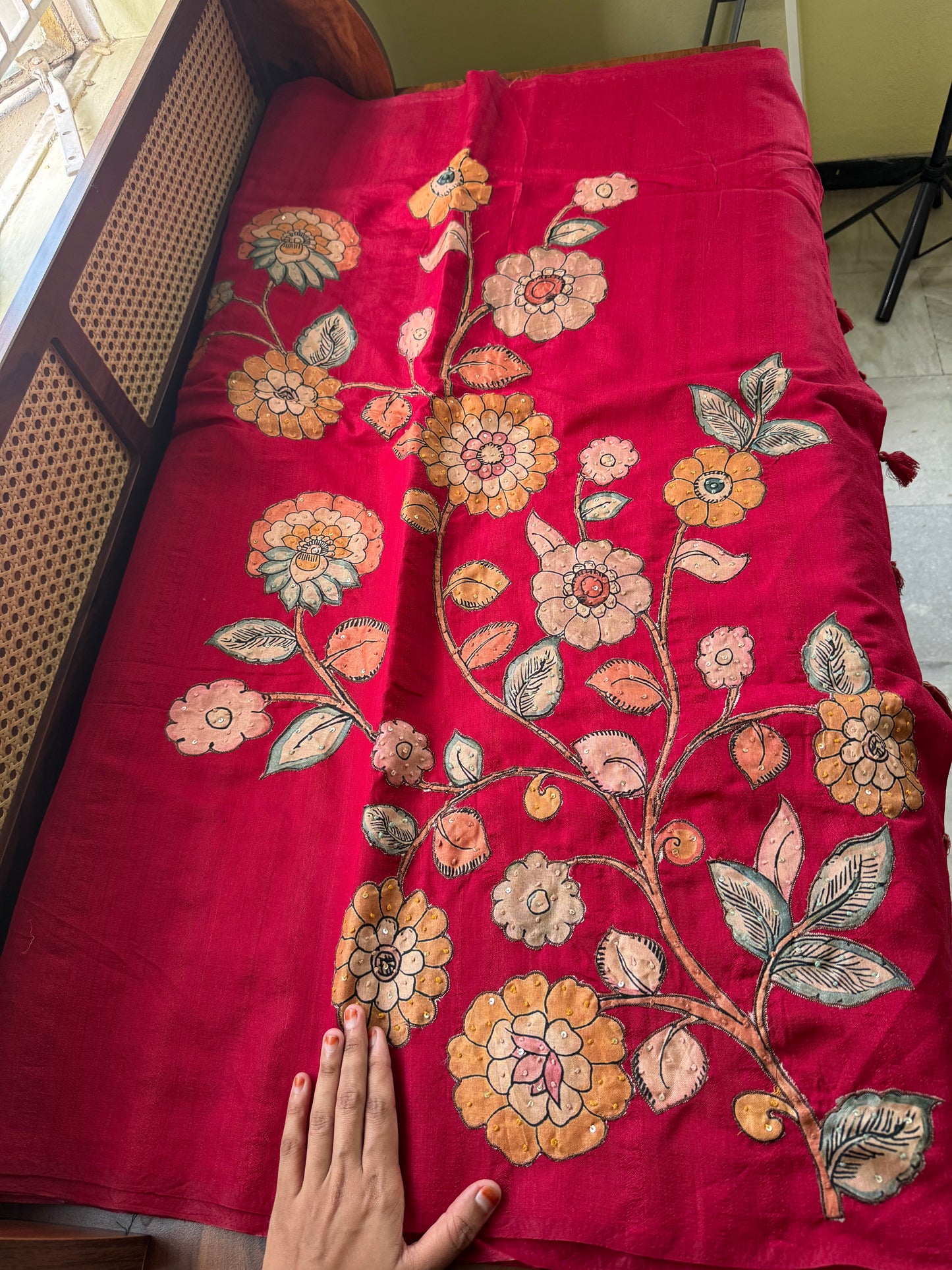 Semi Tussar Kalamkari Applique Sarees - Red
