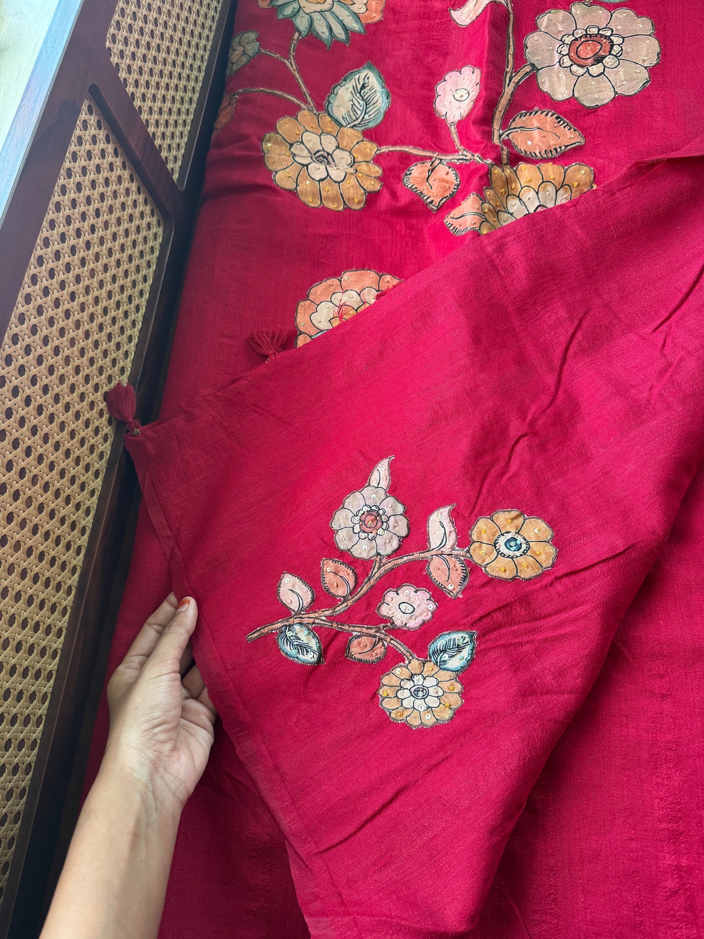 Semi Tussar Kalamkari Applique Sarees - Red