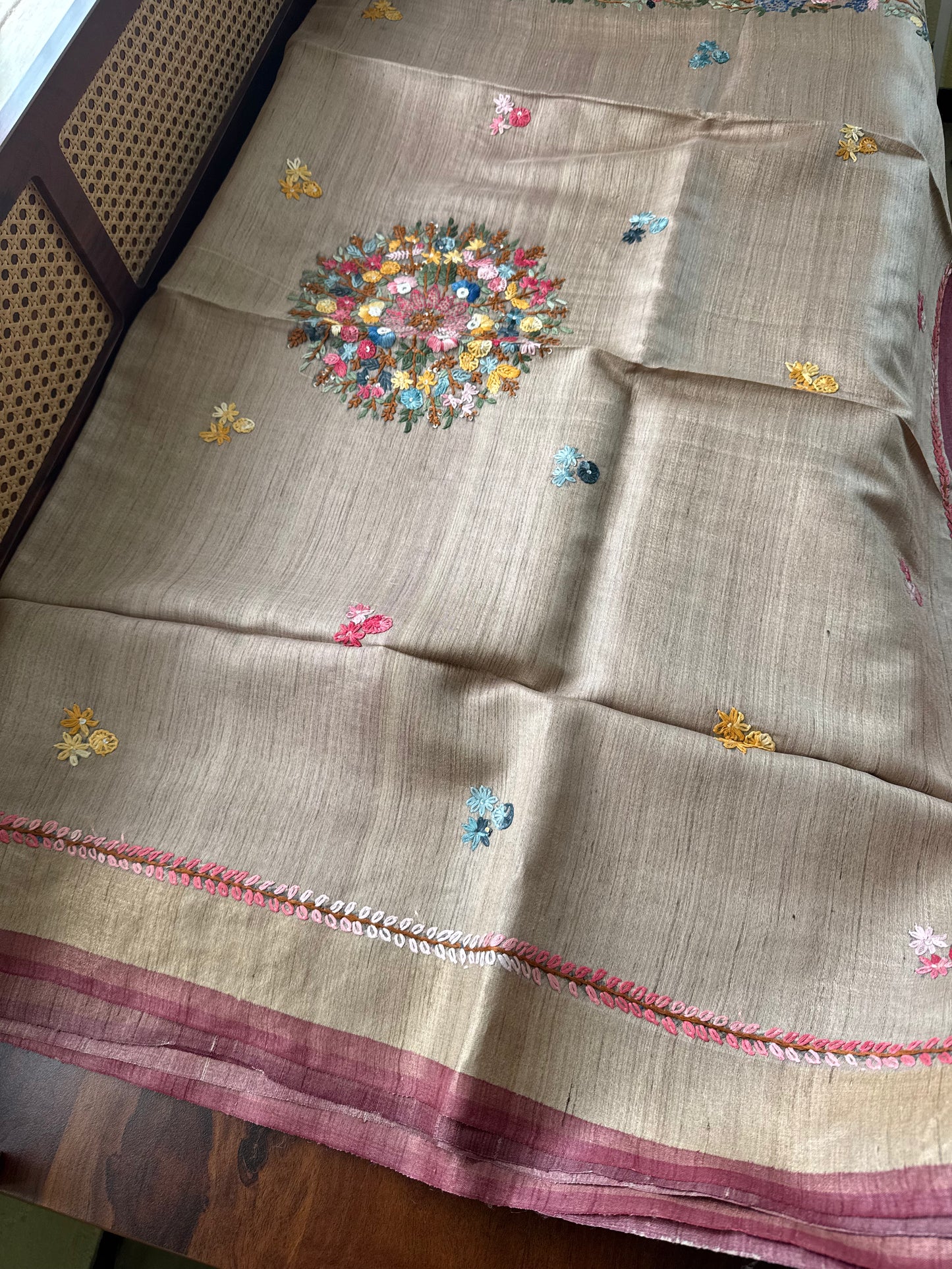 Hand Embroidered Pure Tussar Saree - Mauve Maroon