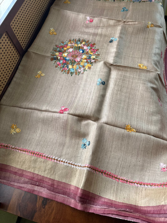Hand Embroidered Pure Tussar Saree - Mauve Maroon