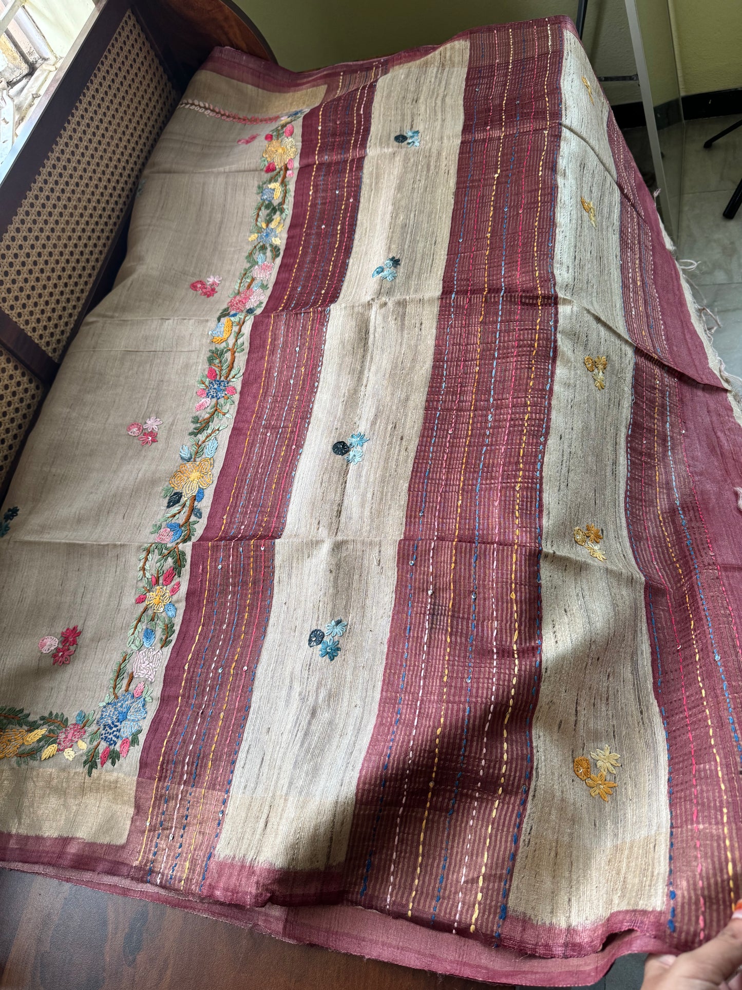 Hand Embroidered Pure Tussar Saree - Mauve Maroon