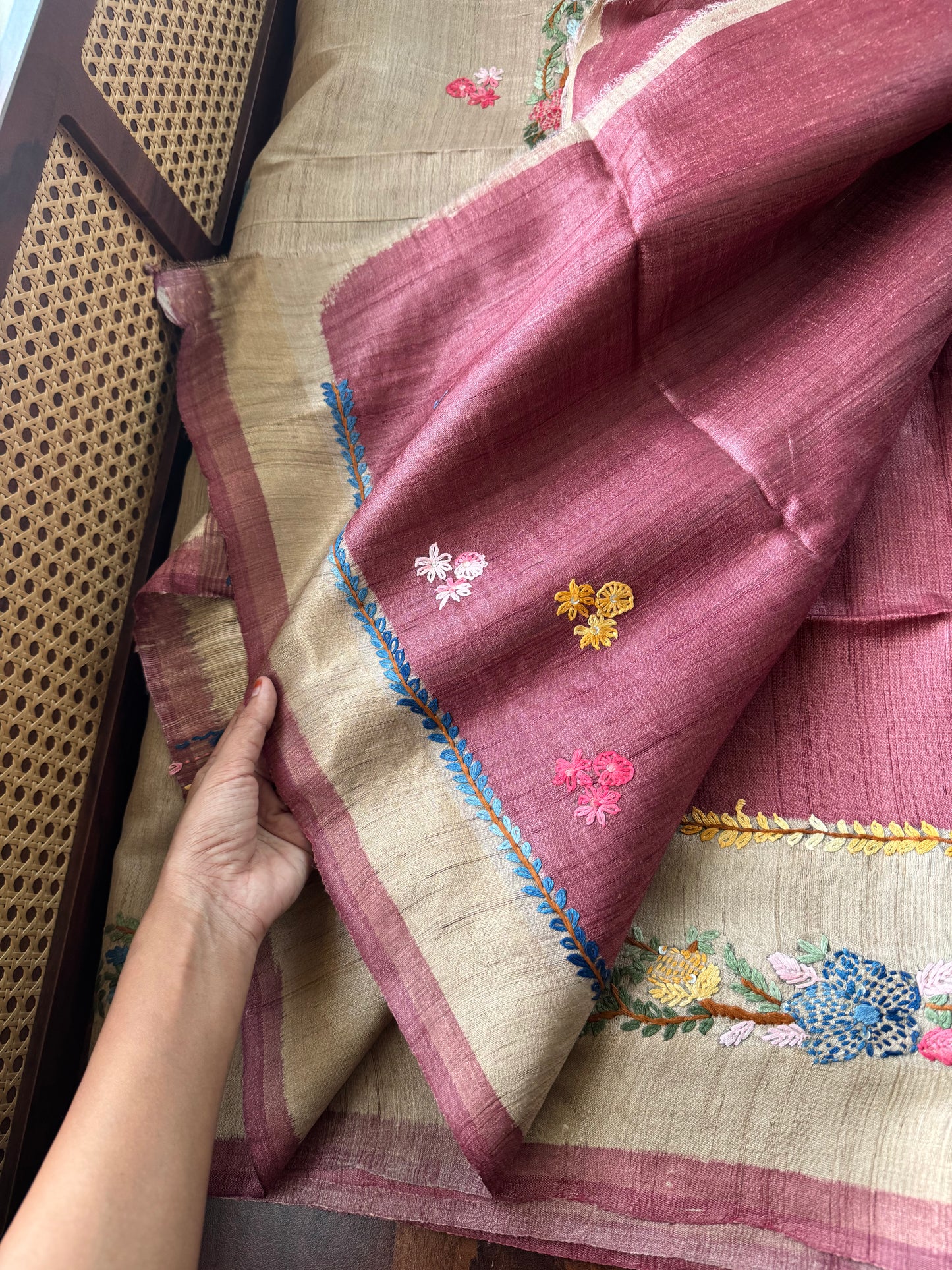 Hand Embroidered Pure Tussar Saree - Mauve Maroon