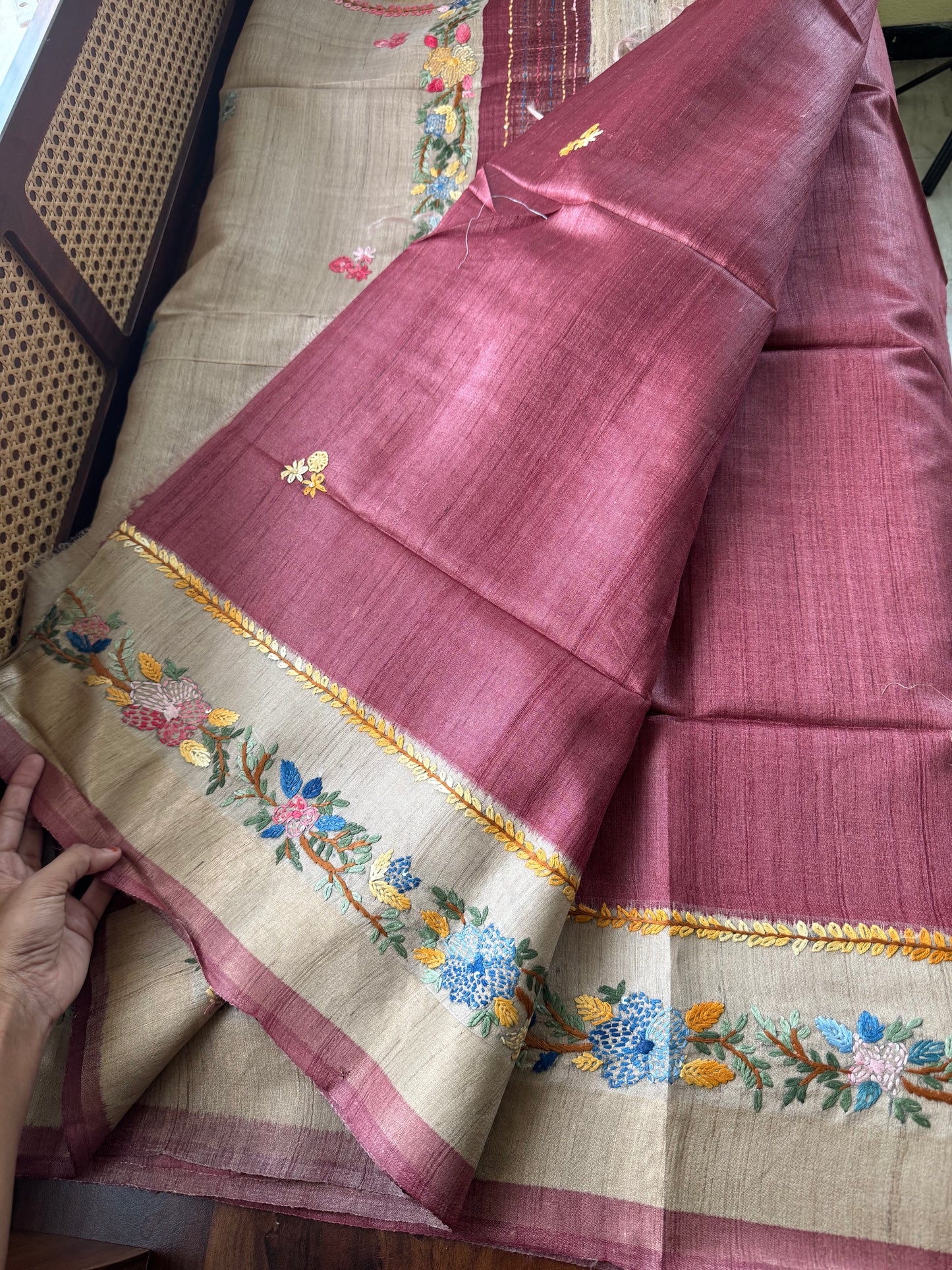 Hand Embroidered Pure Tussar Saree - Mauve Maroon