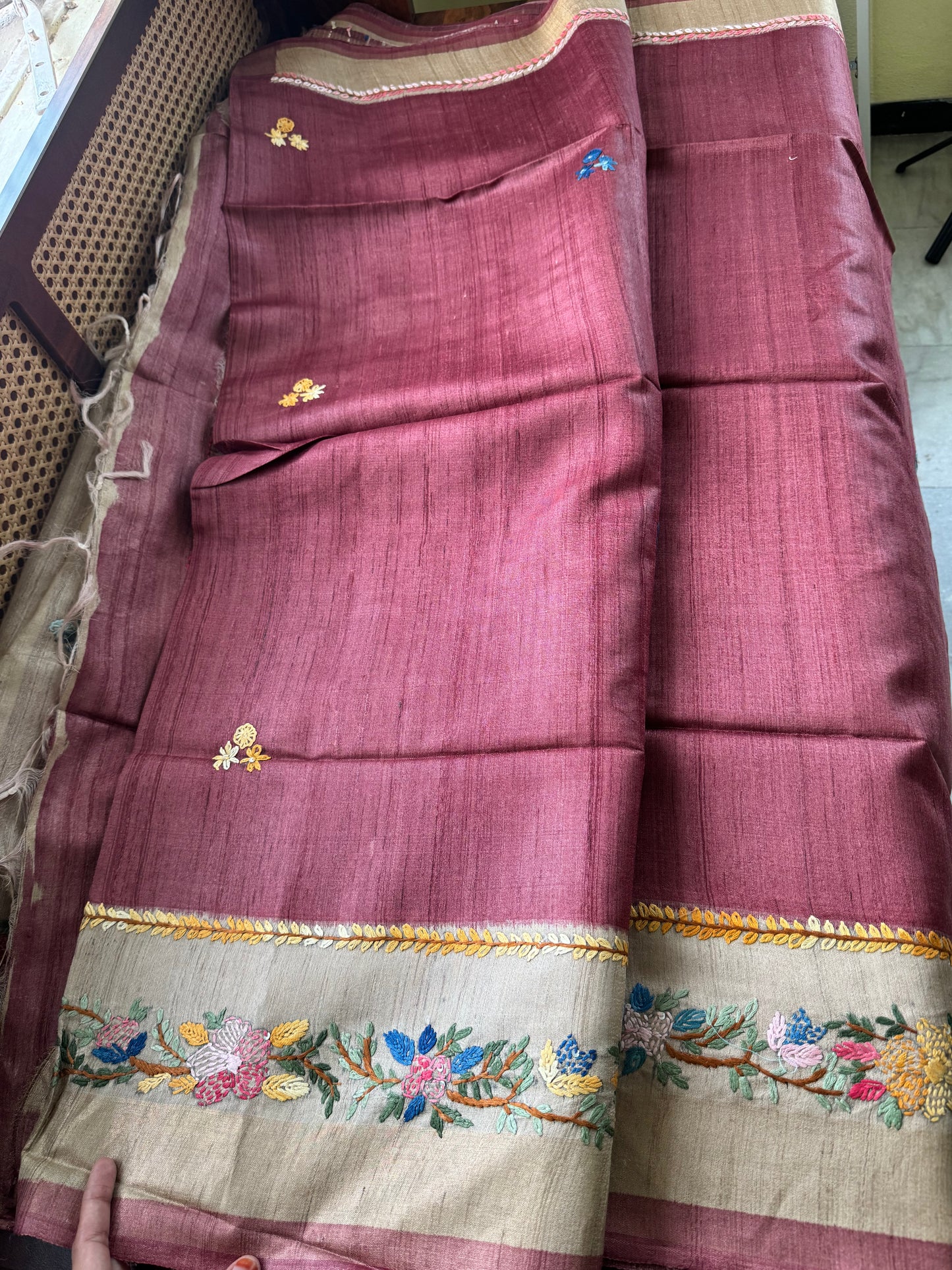 Hand Embroidered Pure Tussar Saree - Mauve Maroon