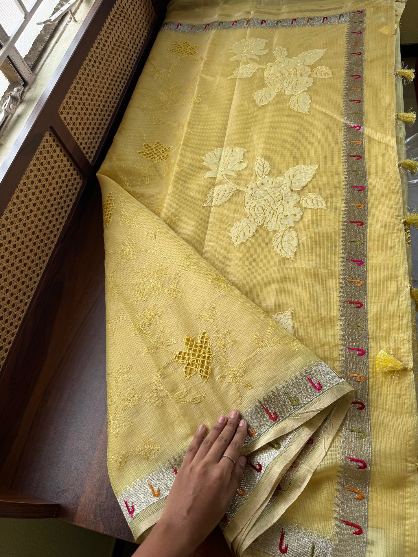Cutwork Embroidered Silky Kota saree - Yellow