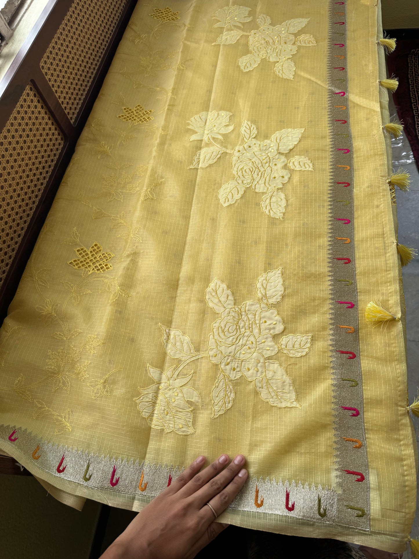 Cutwork Embroidered Silky Kota saree - Yellow