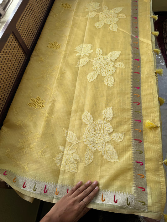 Cutwork Embroidered Silky Kota saree - Yellow
