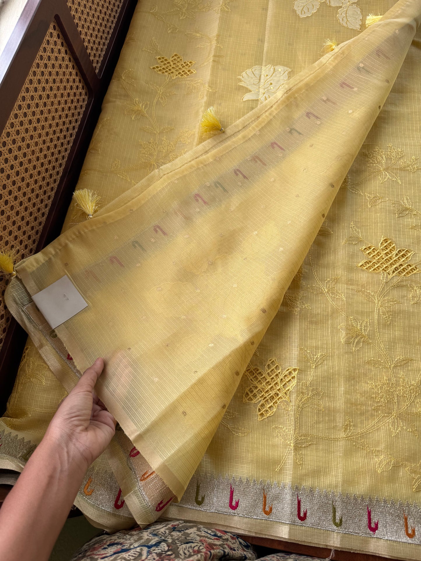 Cutwork Embroidered Silky Kota saree - Yellow