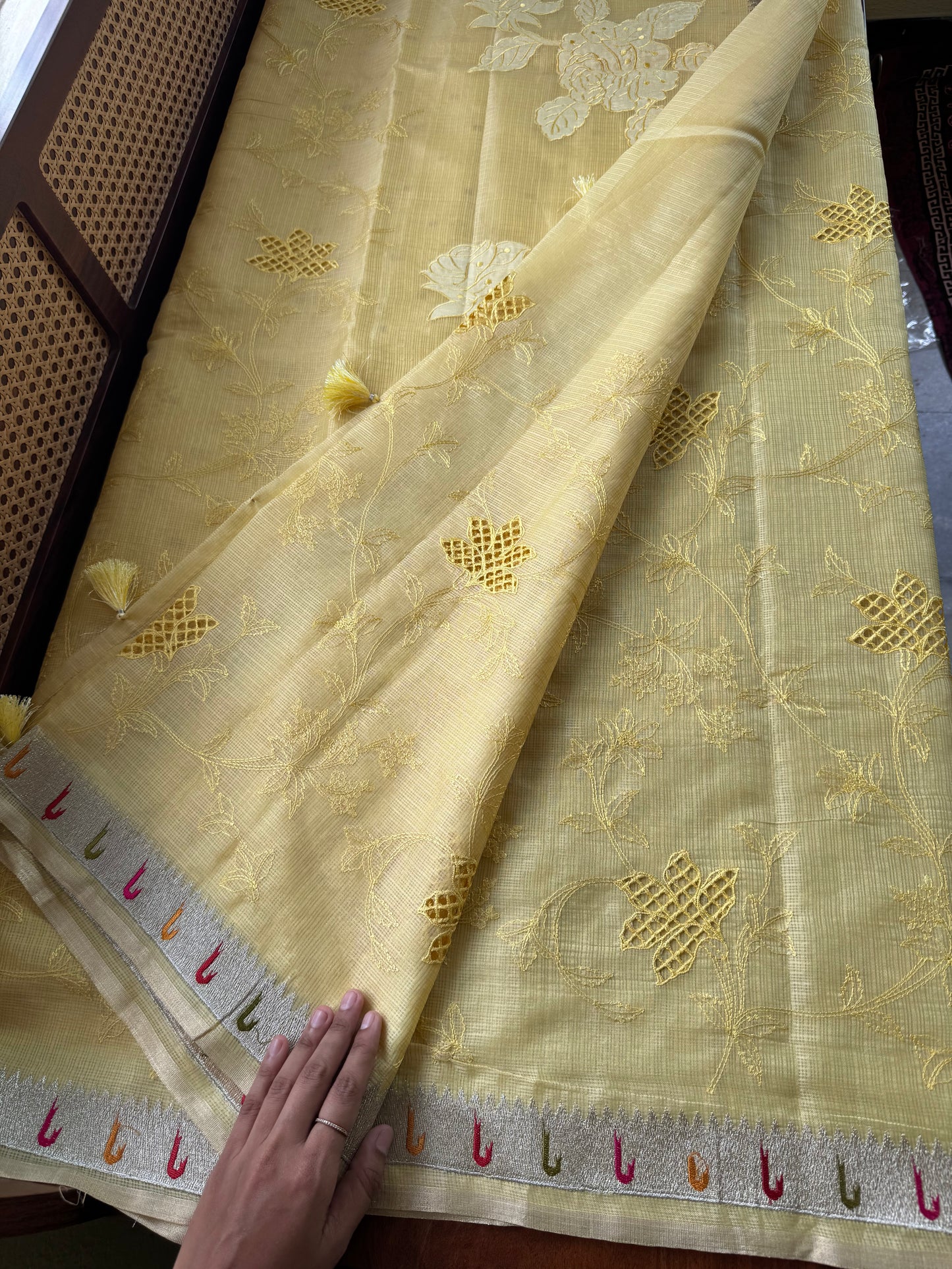 Cutwork Embroidered Silky Kota saree - Yellow