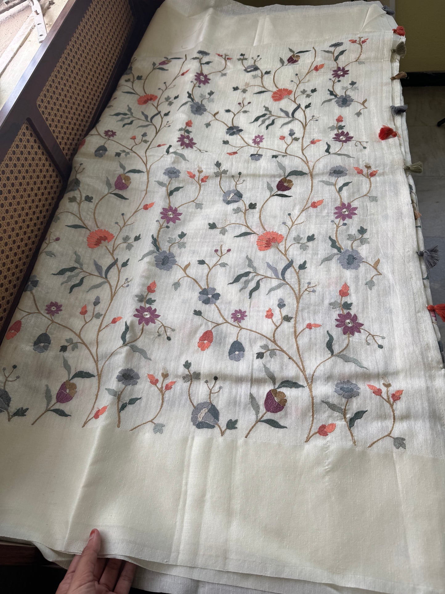 Embroidered Tussar Blend Saree- White