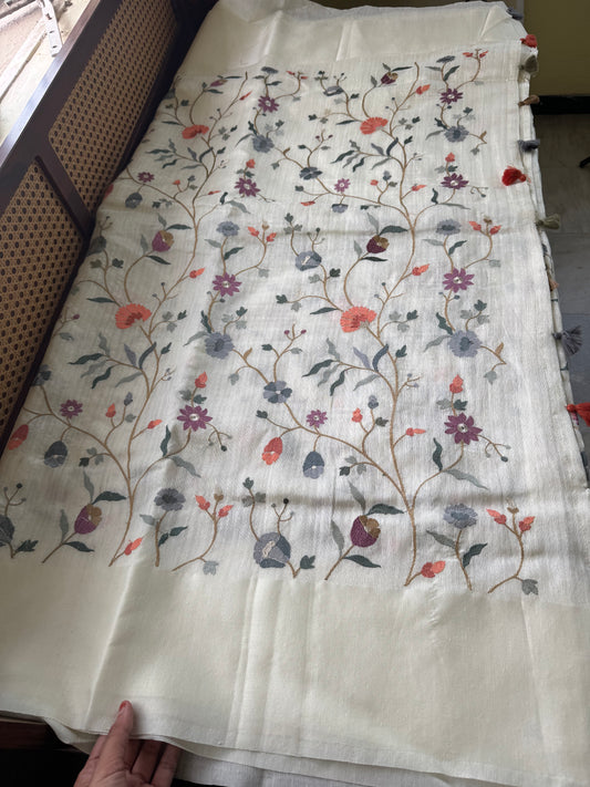 Embroidered Tussar Blend Saree- White