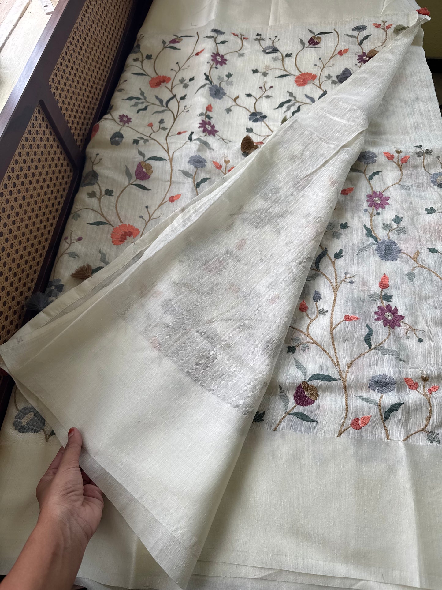 Embroidered Tussar Blend Saree- White
