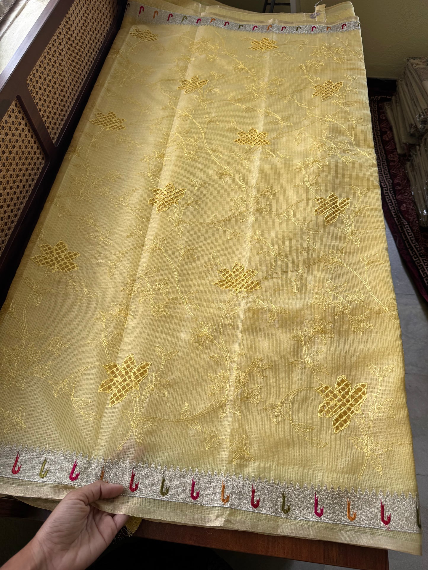 Cutwork Embroidered Silky Kota saree - Yellow