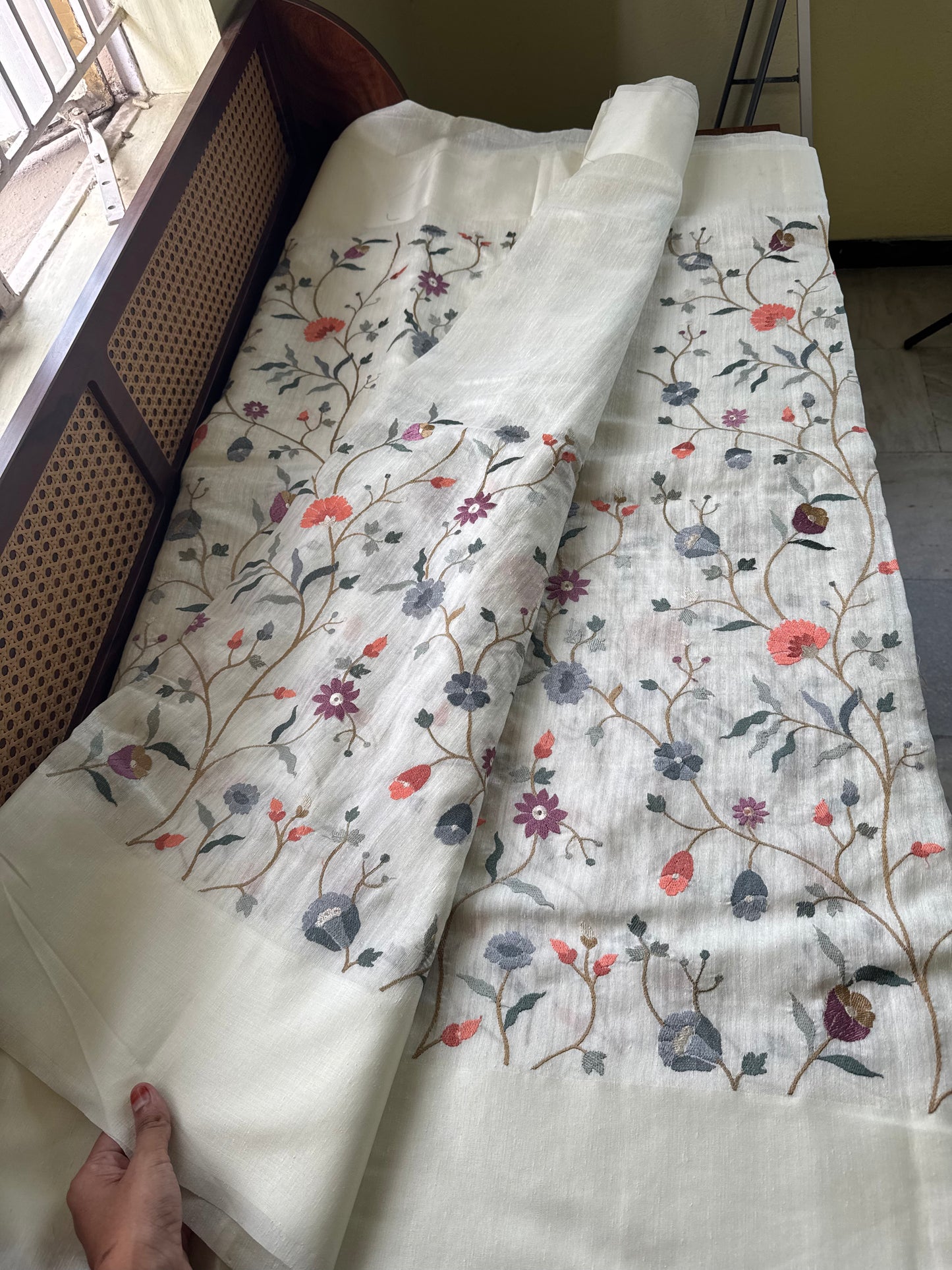 Embroidered Tussar Blend Saree- White