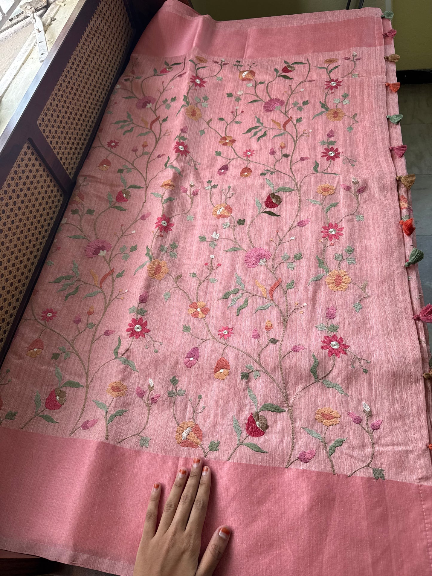 Embroidered Tussar Blend Saree- Peach