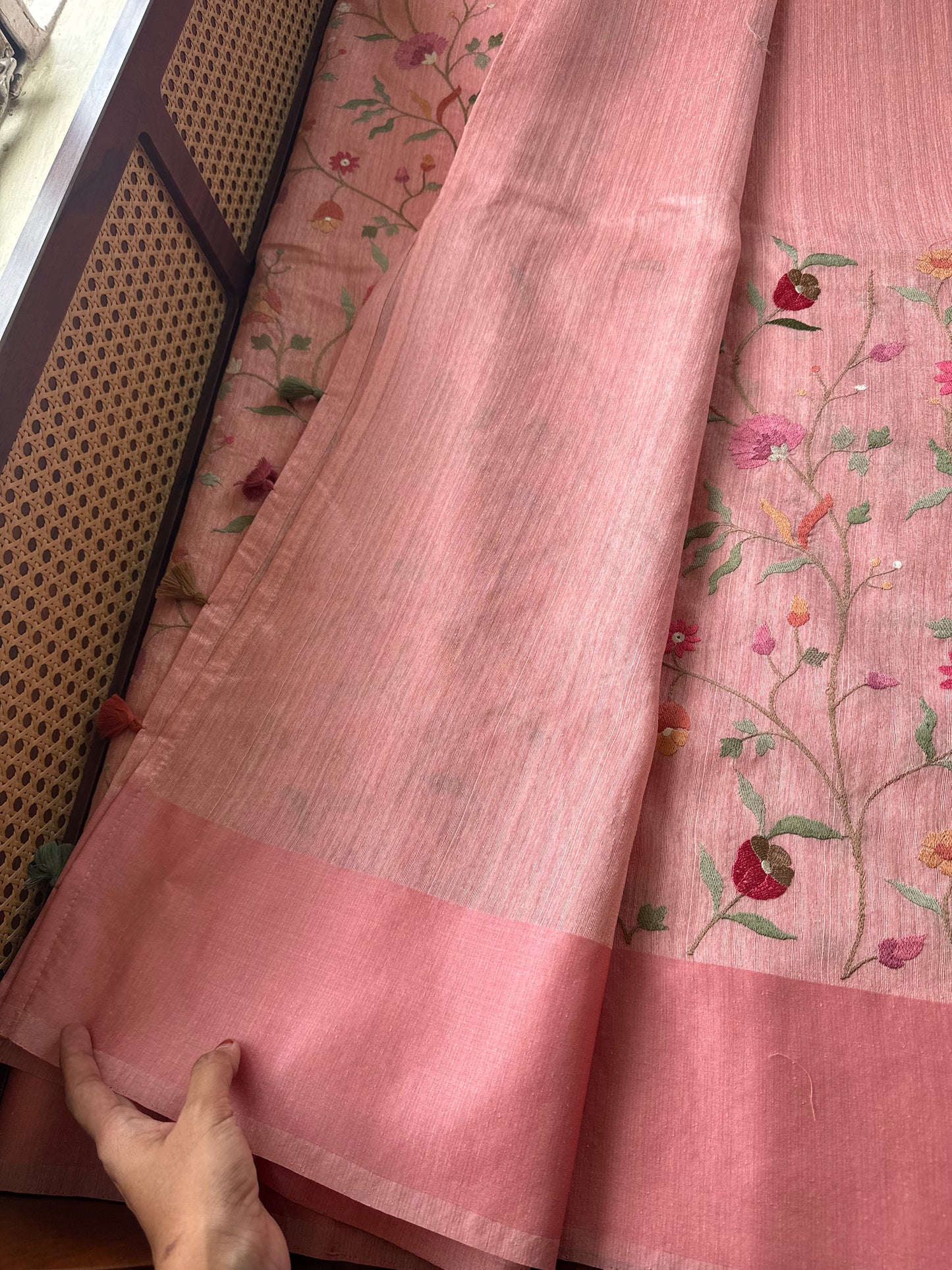 Embroidered Tussar Blend Saree- Peach