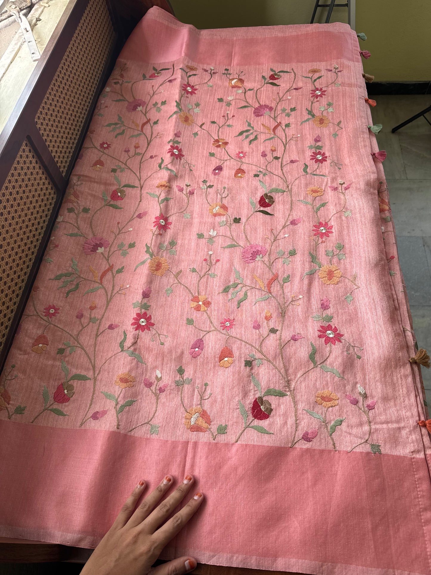 Embroidered Tussar Blend Saree- Peach