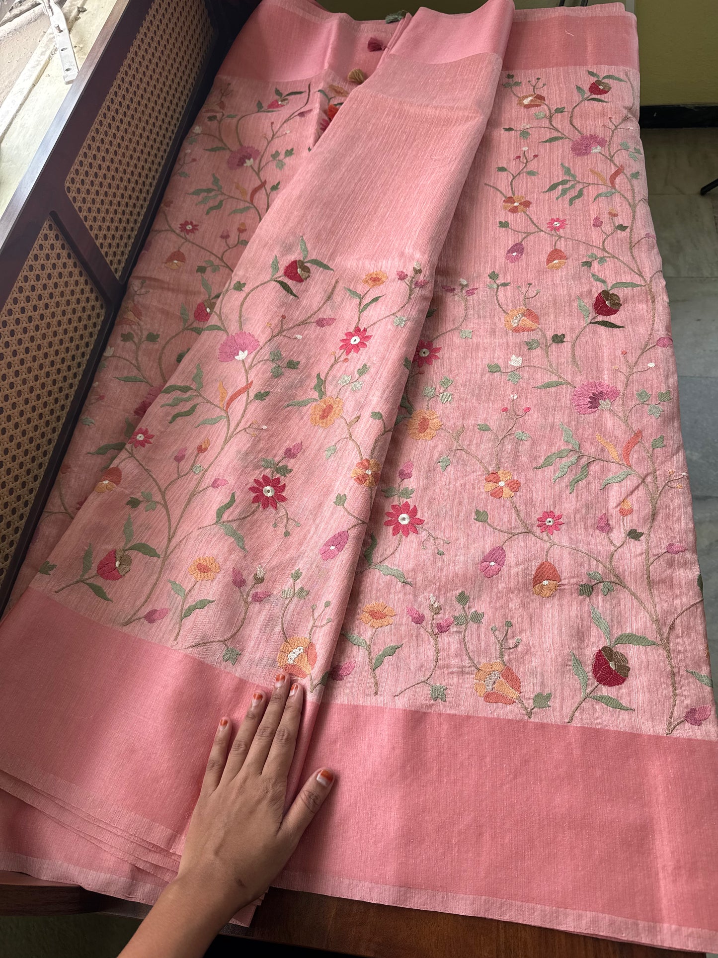 Embroidered Tussar Blend Saree- Peach
