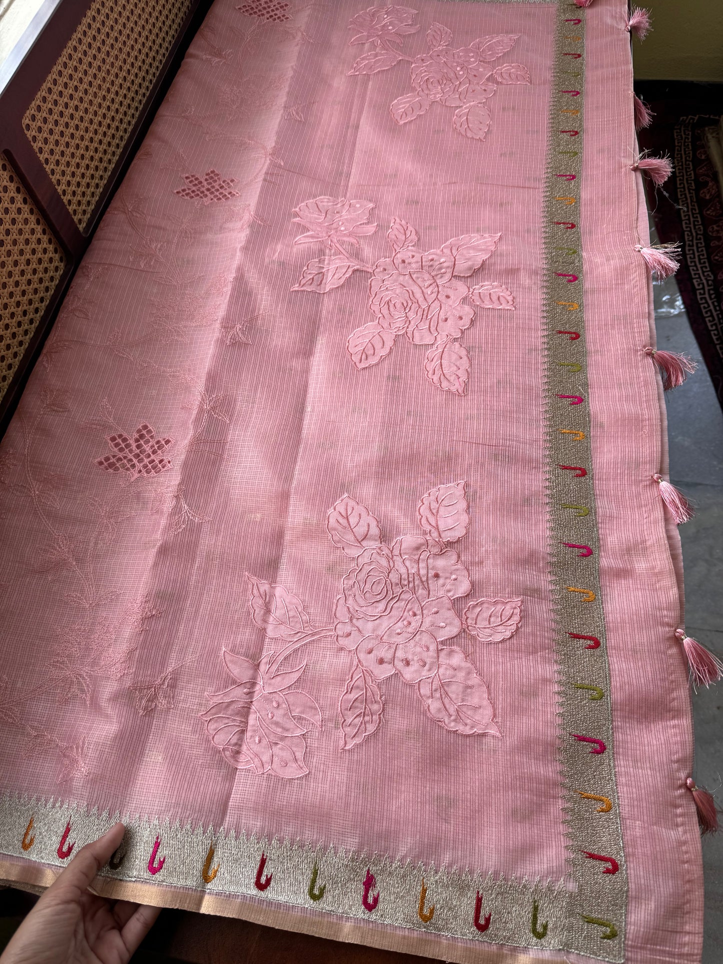 Cutwork Embroidered Silky Kota saree - Pink