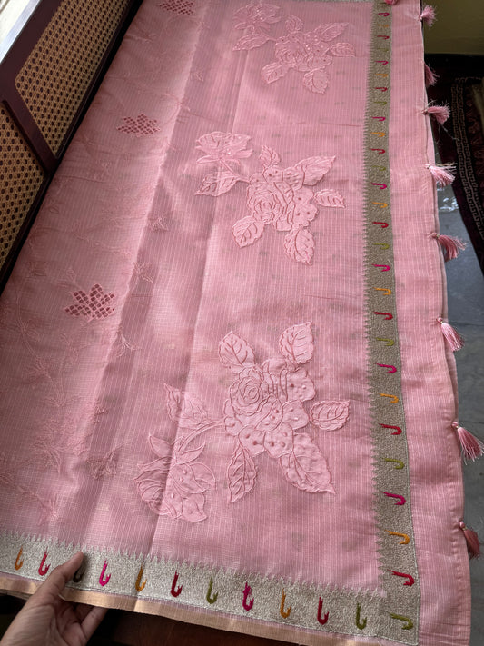 Cutwork Embroidered Silky Kota saree - Pink