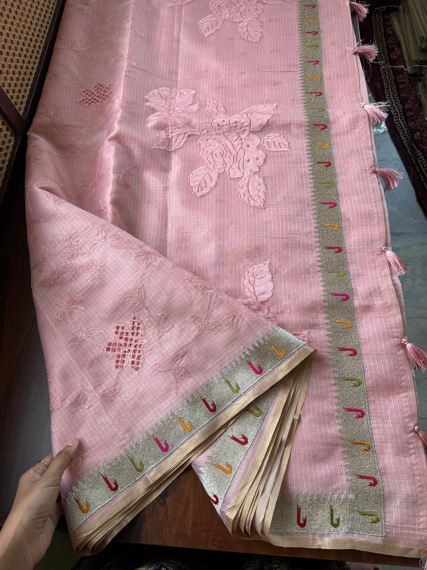 Cutwork Embroidered Silky Kota saree - Pink