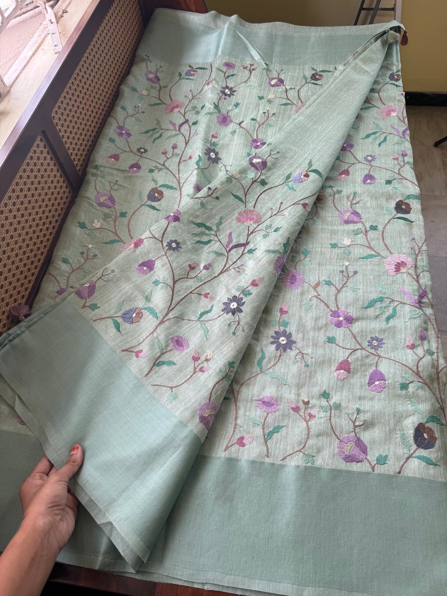 Embroidered Tussar Blend Saree- Sea Blue