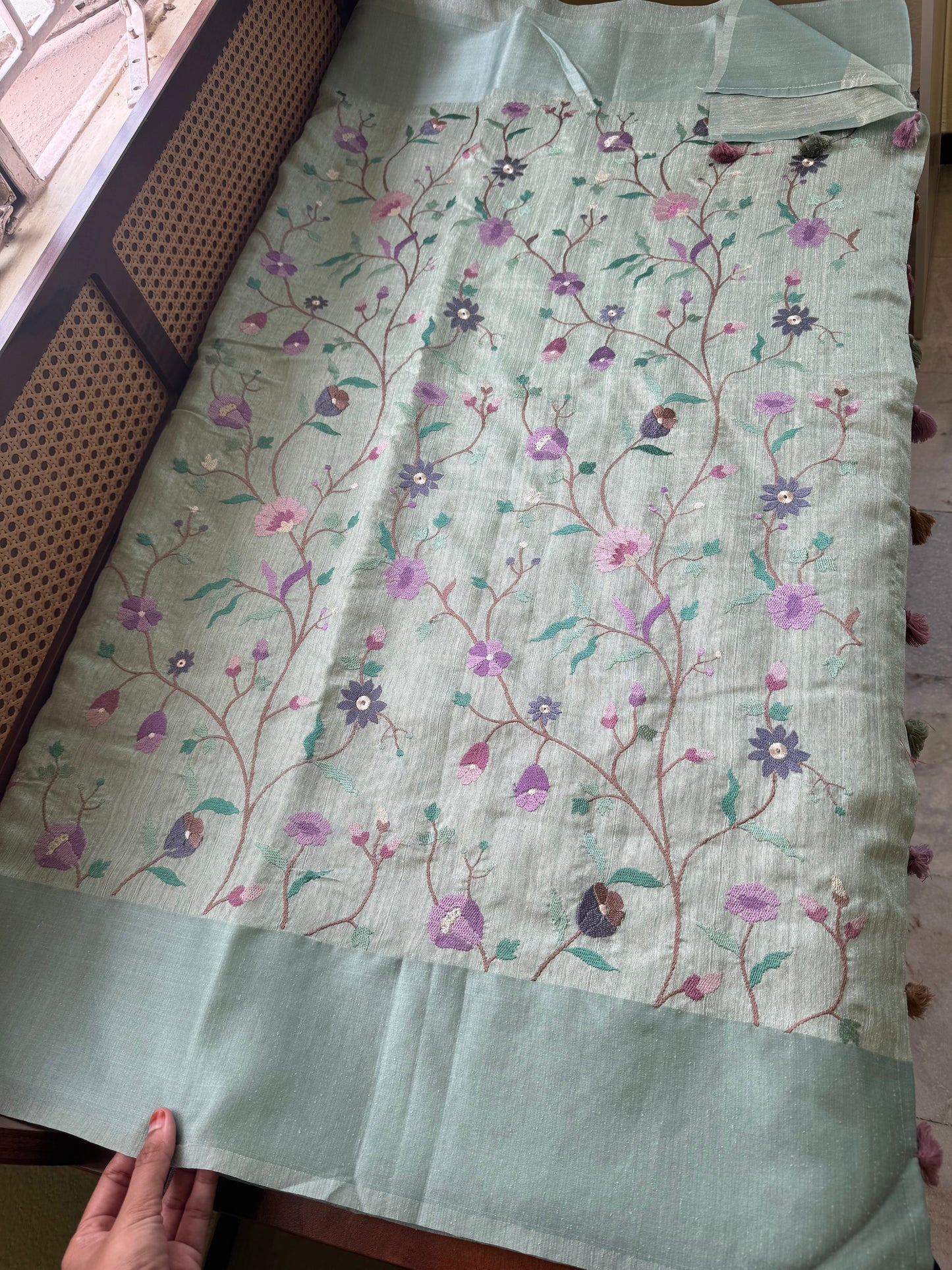 Embroidered Tussar Blend Saree- Sea Blue