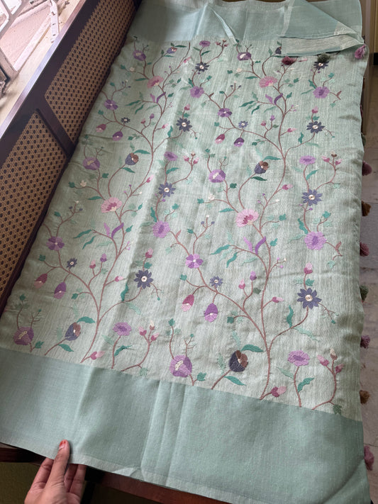 Embroidered Tussar Blend Saree- Sea Blue